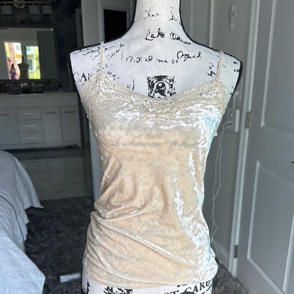 DKNY Cream Fitted velour Camisole Top with lace on neckline